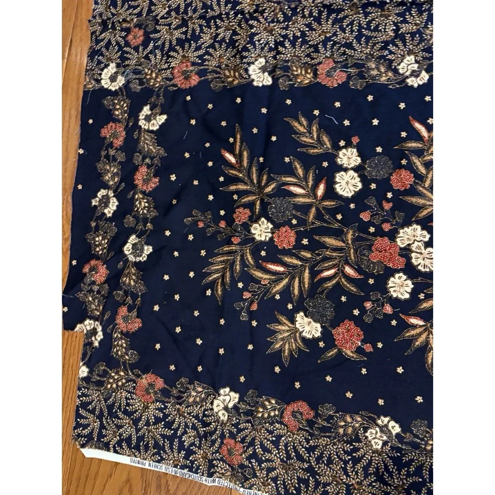Vintage 70s Cotton Fabric Navy Floral‎ Border Print Kroda Wimpa 5th Ave 35x53